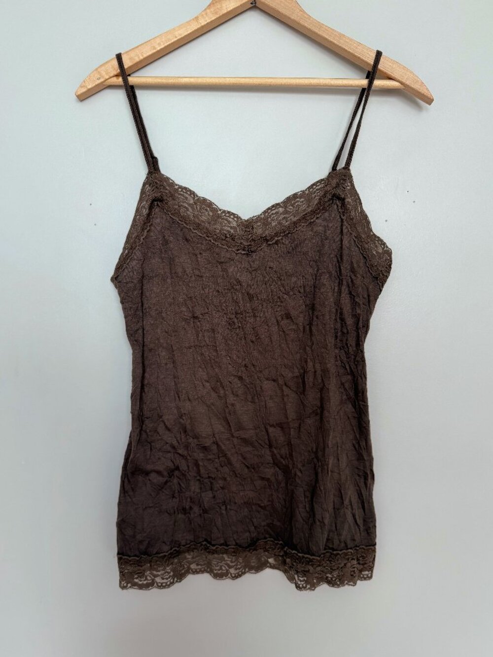 Y2K Vintage Mudd Brown Crinkle Lace Trim Cami Tank Women’s L Grunge Fairy